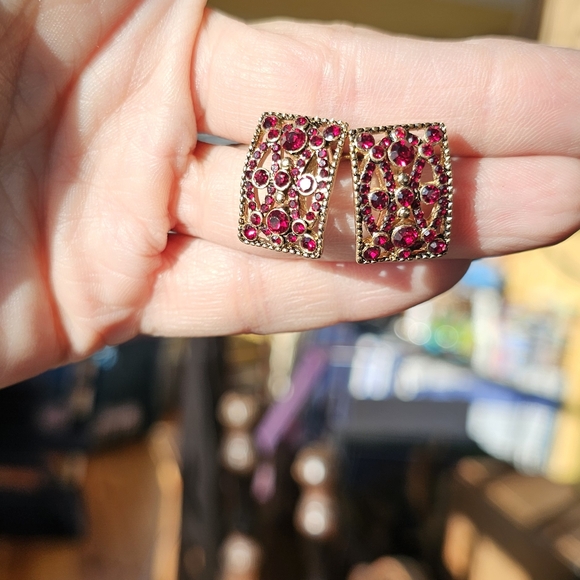 Monet Ruby Red Rectangular Earrings - Picture 2 of 4